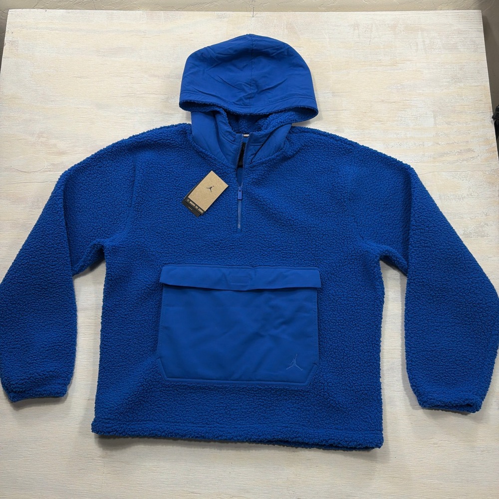 Jordan Hoodie Sherpa Fleece Half-Zip L Woven Pocket Blue Mens FV7452-480 NWT
